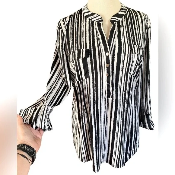 COCOMO XL White Black 3/4 sleeve women’s Pintuck Blouse tunic top shirt - Picture 3 of 12